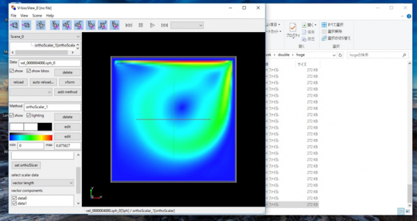図14 2次元キャビティ問題における速度の絶対値のプロット図．Windows にインストールしたV-Isioで可視化．